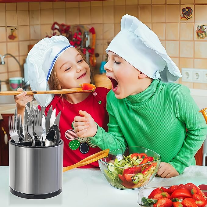 Kitchen Utensil Holder Extra Large Rotating For Counter Organizer Stainless Steel Storage Cooking Silverware Caddy 3 Compartment Flatware Spoon Spatula Tool Cutlery Container（2 Set Silvery）