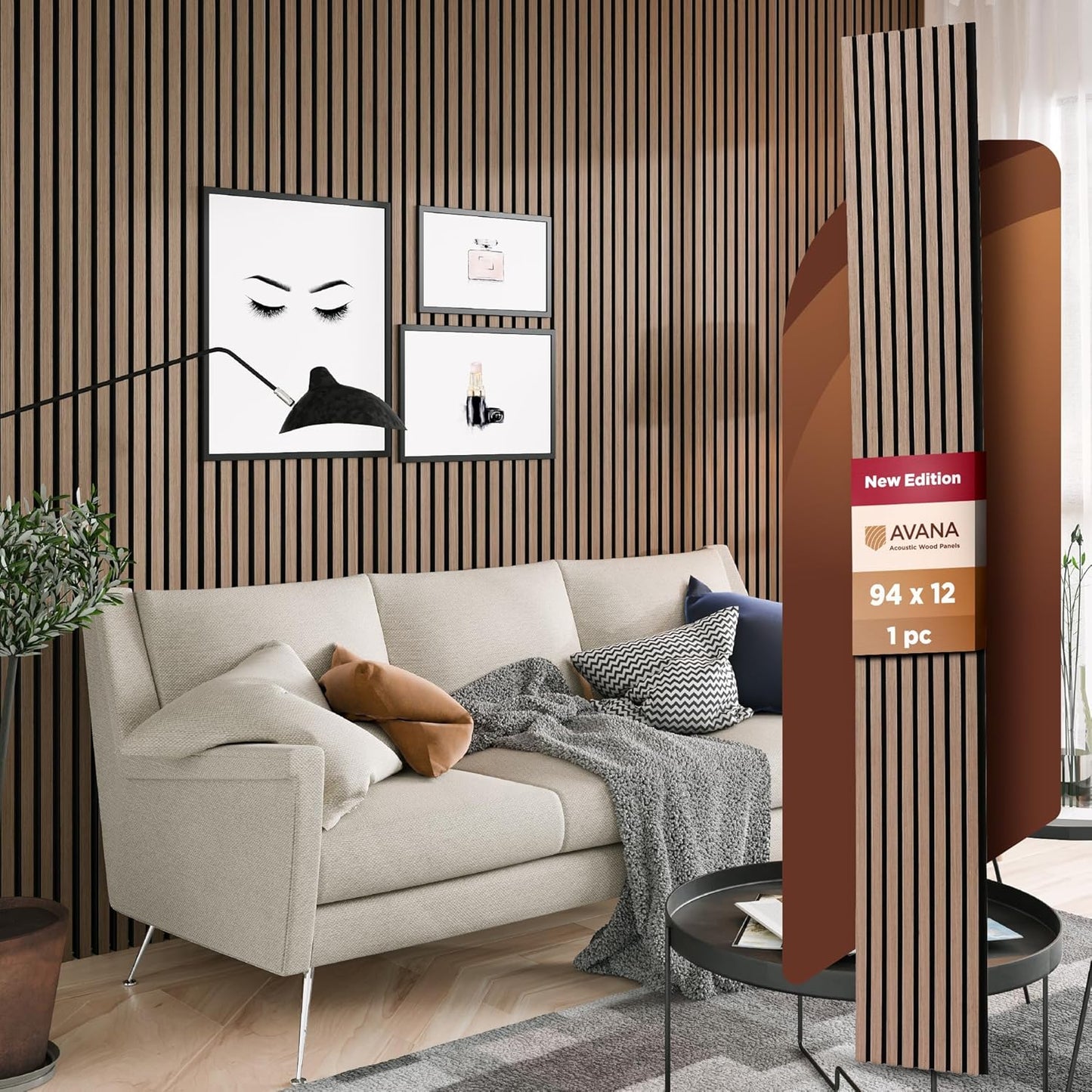 Avana Modern Acoustic Wood Wall Panels – 94.4 X 12.6 Inch Smoke Walnut Acoustic Panels 1 PC – Wall Panels For Interior Wall Decor For Homes, Offices, Studios – Sturdy And Durable Wood Panels For Wall