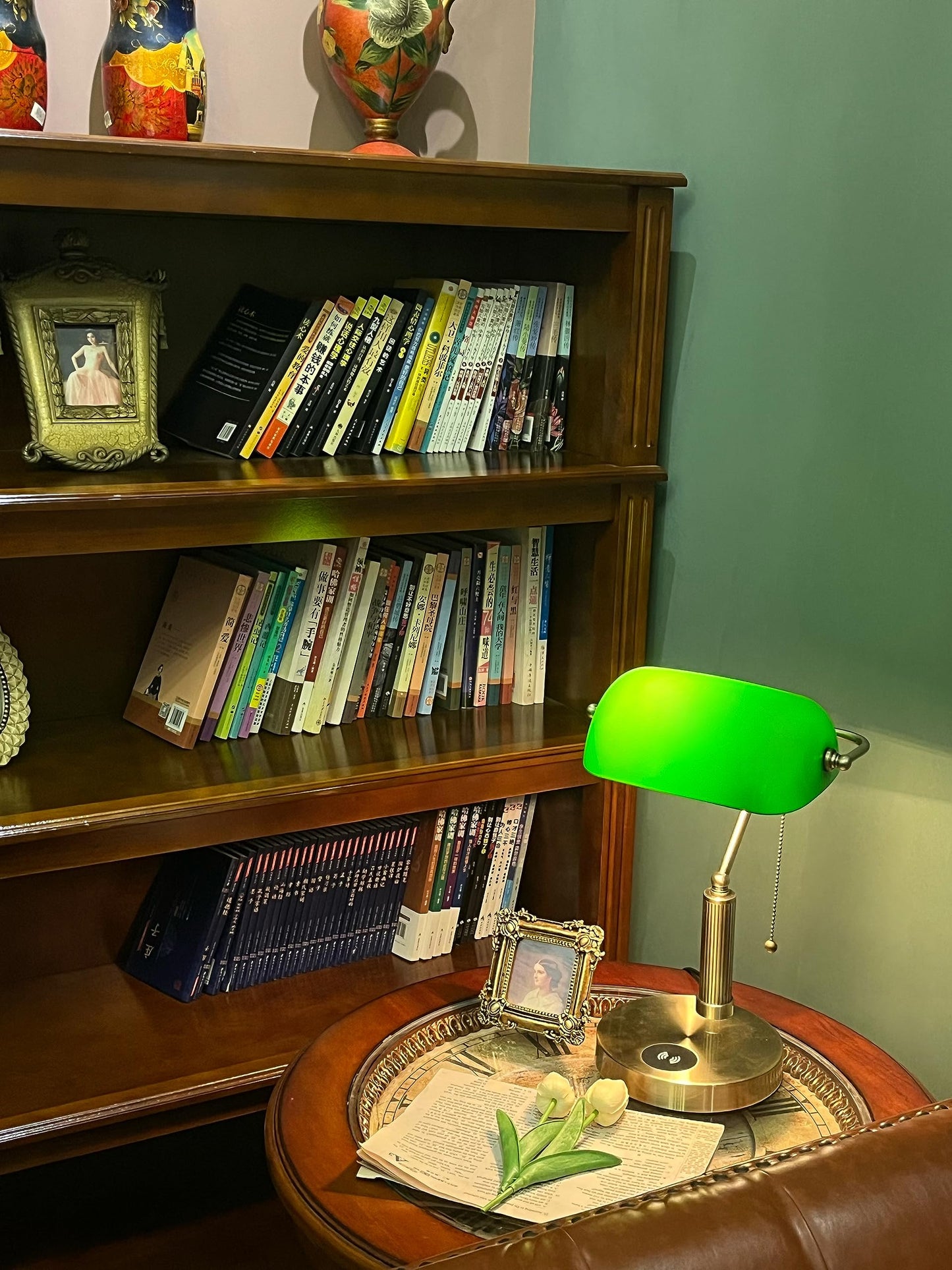 FIRVRE Glass Desk Lamp LED USB Wireless Charging Classic Retro Green