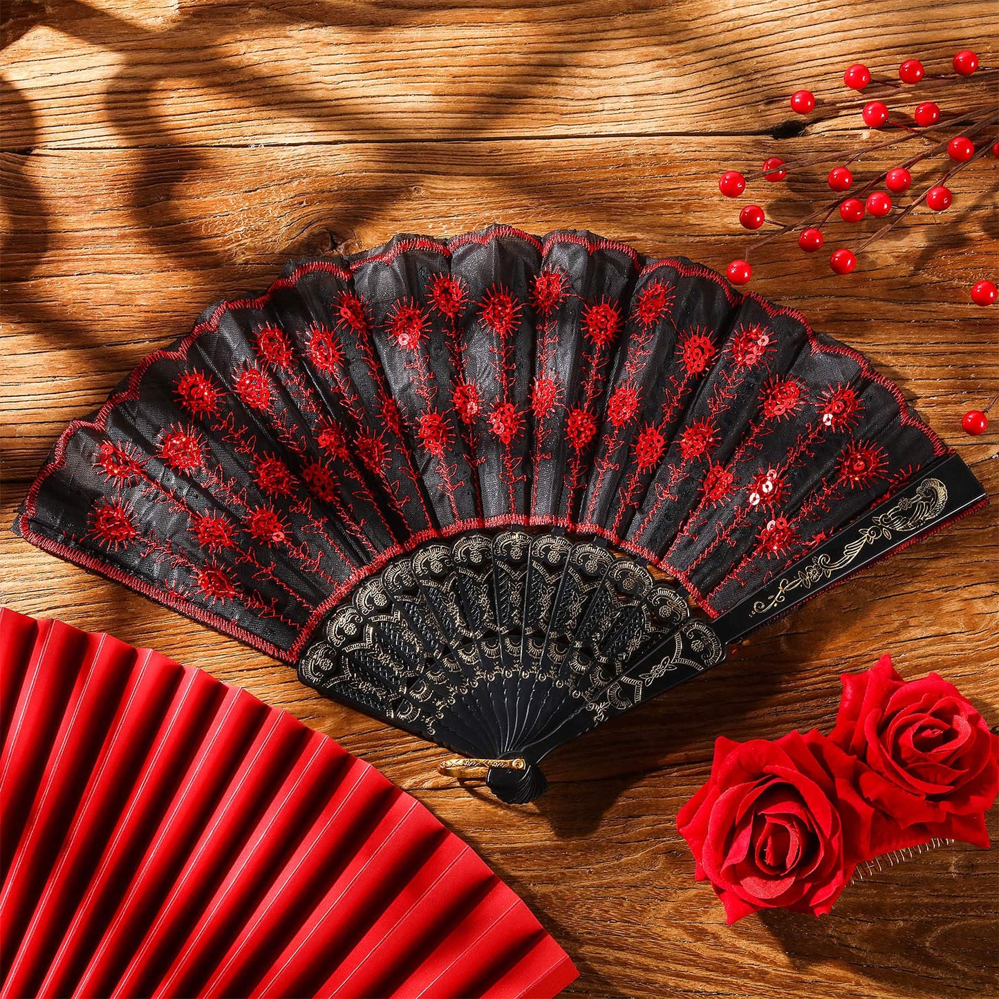 2 Pieces Women Rose Flower Hair Clip and Embroidered Sequins Fabric Handheld Folding Fan Mexican Hair Accessories for Flamenco D