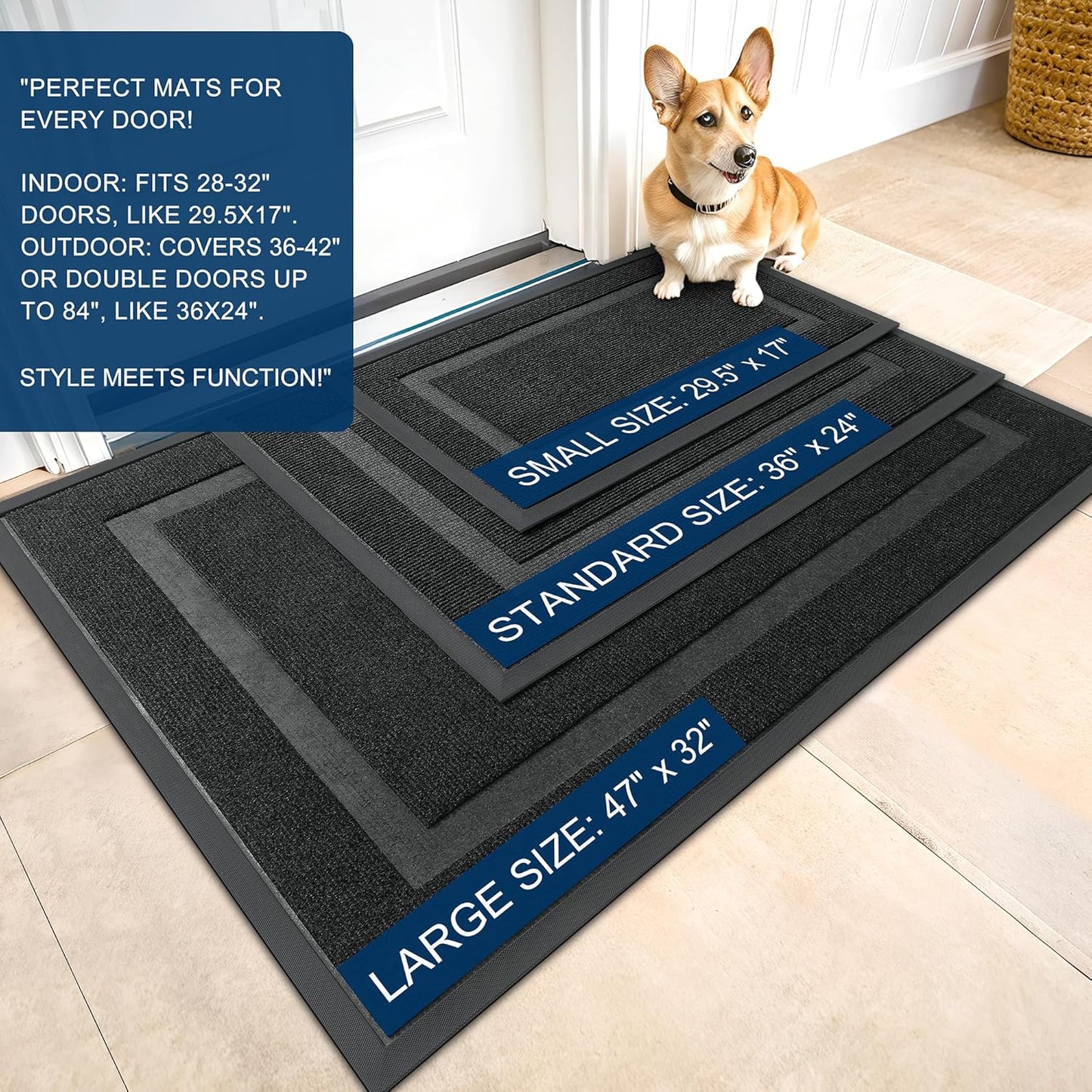 OLANLY Front Door Mat Indoor Outdoor Entrance, Waterproof All-Season, All-Weather Doormat, Sturdy Natural Rubber, Fade Resistant, Low Profile, Easy Clean Patio Porch Entryway Mat, 47x23, Black