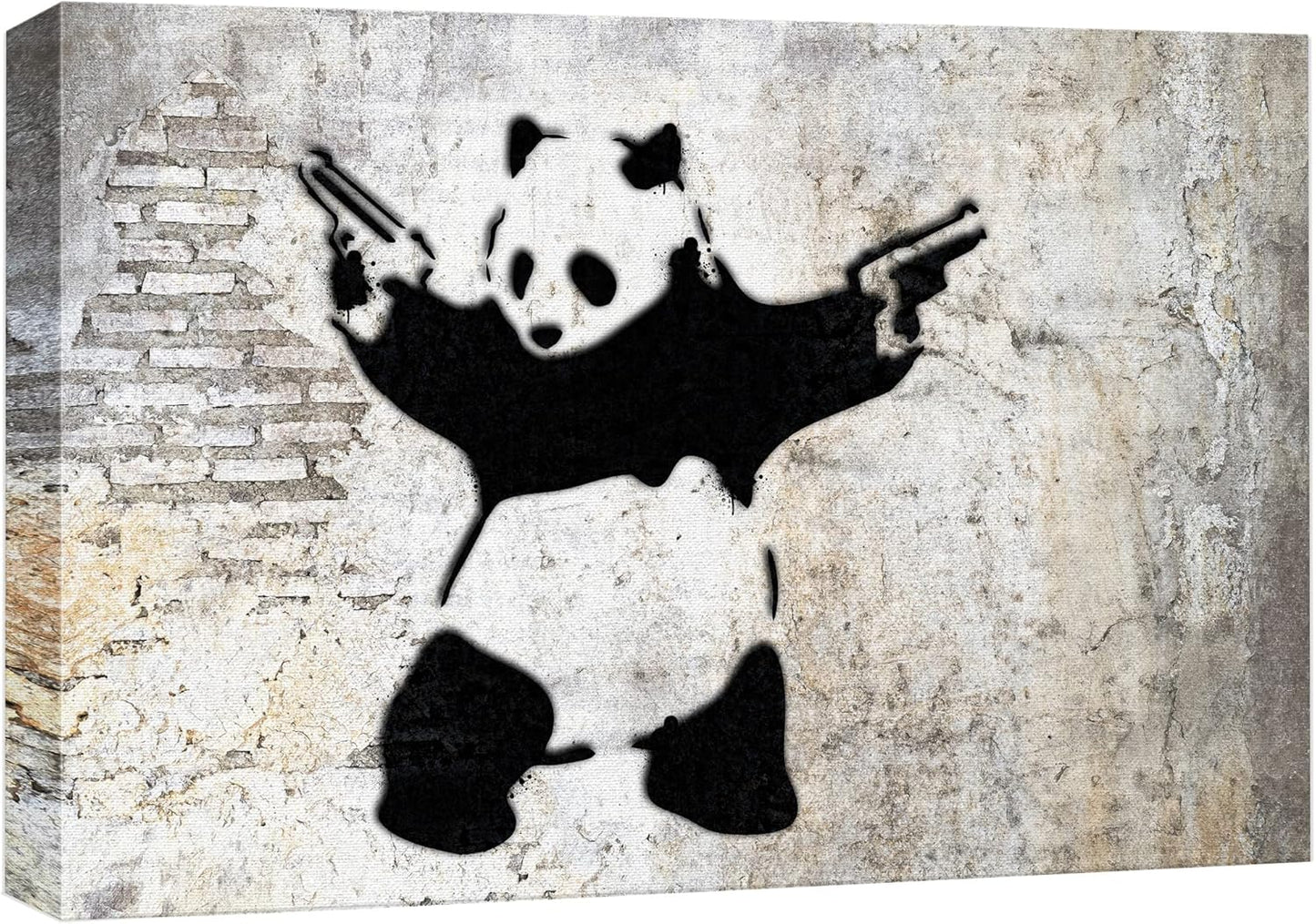 wall26 Canvas Print Wall Art Banksy Panda with Handguns on Wall Cities Animals Digital Art Modern Art Chic Scenic Expressive Dark Black and White for Living Room, Bedroom, Office - 16"x24"