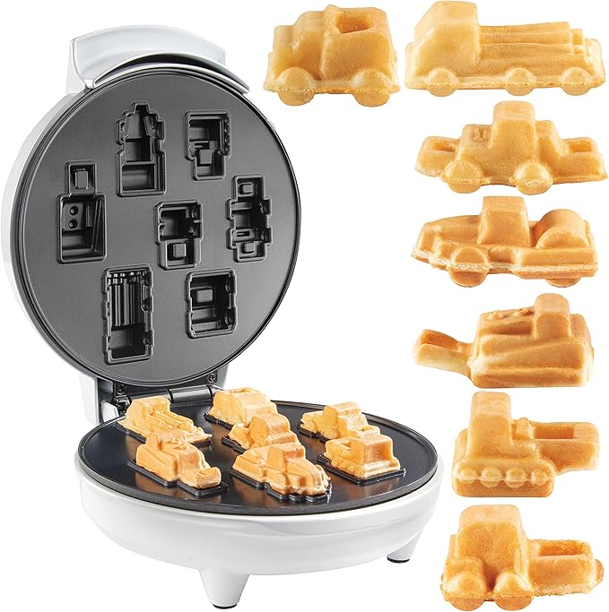 Construction Trucks Mini Waffle Maker- Make 7 Different 3D Vehicle Shaped Pancakes Feat a Bulldozer Forklift & More- Electric Nonstick Pan Cake Car Waffler Iron w Recipe Guide, Fun Kids Treat or Gift