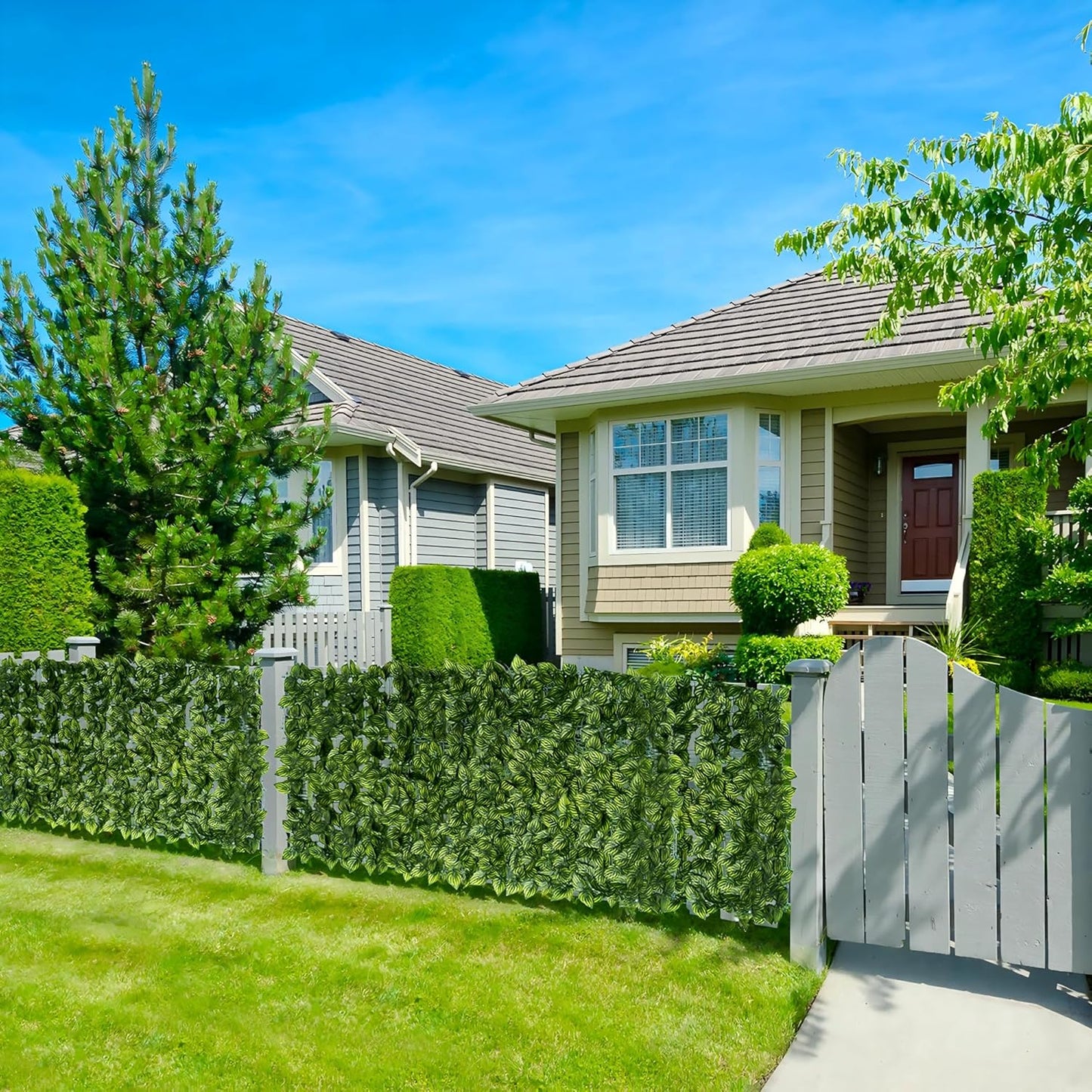 Jinwu Artificial Ivy Privacy Fence Screen (2 Rolls, Total 59x118 inch), Expandable Faux Privacy Fence with 80 pcs Zip Ties, Decoration for Outdoor Garden, Printed Watermelon Leaf