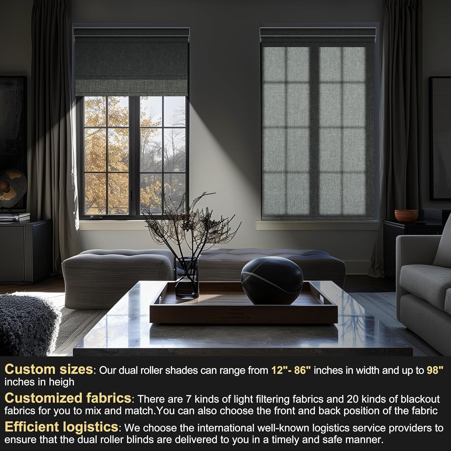 BERISSA Cordless Dual Roller Shades with Cassette Valance, Double Window Shades, Blackout and Light Filtering, Day and Night for Home Office Door, Linen Grey, 35 W x 80" H