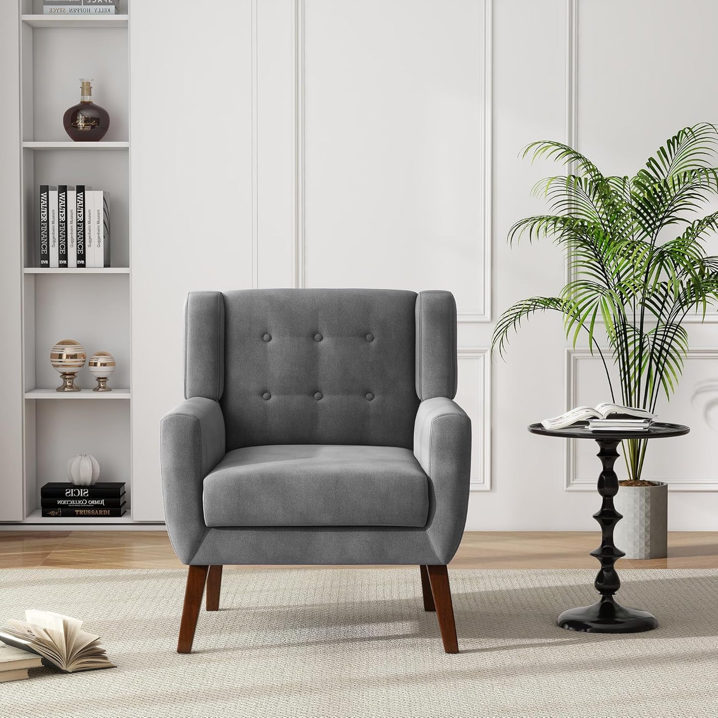 UIXE Accent Chair, Velvet Upholstered Armchair for Living Room, Modern Club Arm Chairs Comfy Single Sofa Button Tufted Bedroom Reading Seat - Gray, Set of 1