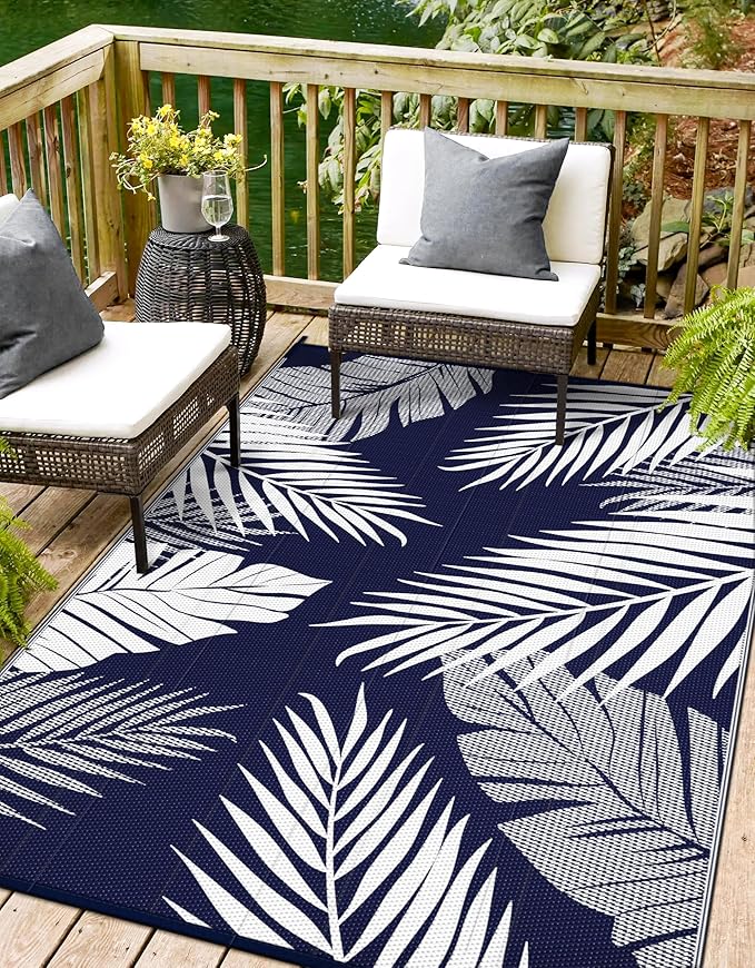 Outdoor Rug 6' x 9' for Patio Waterproof Clearance, Reversible Indoor Outdoor Plastic Straw Camping Rug Carpet, RV Mat, Large Area Rug for Deck, Backyard, Balcony, Porch, Navy Blue and White