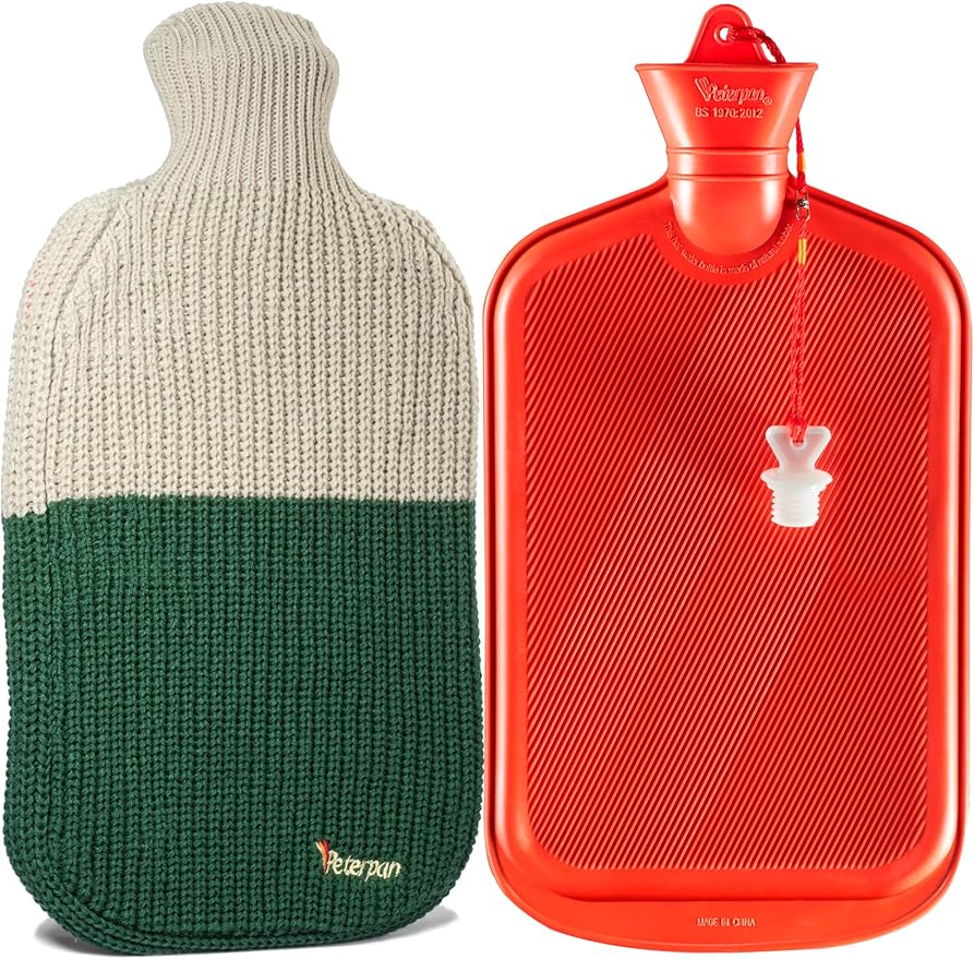 Peterpan Knit Rubber Hot Water Bottle with Wool Blend Cover, Size: XXX-Large, Hot Water Bottles for Pain Relief, BPA & PVC Free, 100 Fl Oz Capacity, Original, Wool Blend Hot Water Bottle, Gray & Green