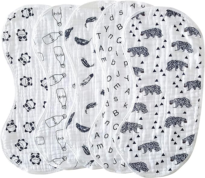 ShoppeWatch Muslin Burp Cloths Baby Burping Bibs 100% Natural Cotton 5-Pack Large 6 Layers Thick Soft Absorbent Cloth Spit Up Dribble Towels Rags for Newborns Baby Boy or Girl Unisex BB28
