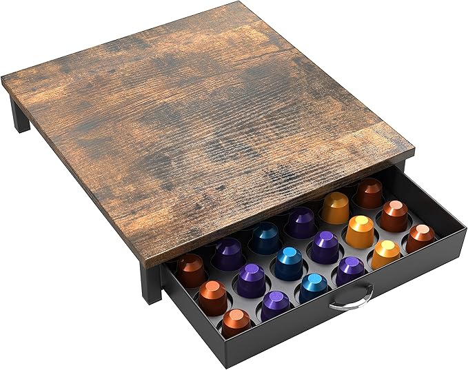 Deco Brothers Wooden Coffee Pod Drawer Compatible with 42 Nespresso Original Line Capsules, Rustic Brown