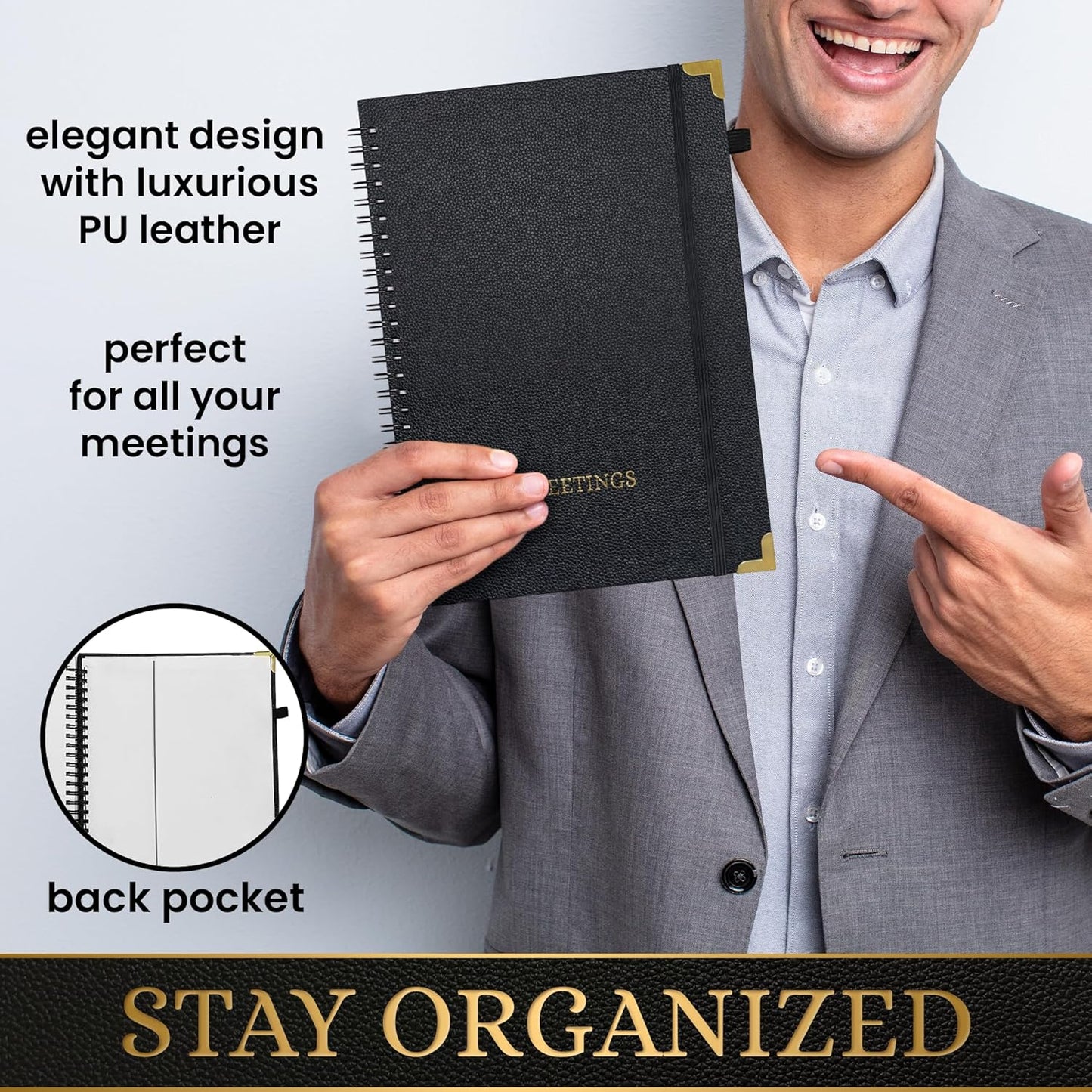 3 pcs Meeting Notebook for Work, This Comes with a Pen and a Business Card Holder, Pu Leather, Notebook for Meetings, Black and Gold Metal Corner 7”x10 Inch, Business Planner, Meetings