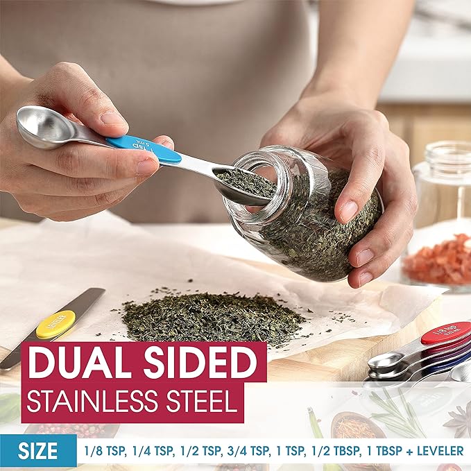 Spring Chef Multicolor Stainless Steel Magnetic Measuring Spoons Set of 8 with Leveler, Nesting Metal Teaspoon & Tablespoon Measuring Spoons, Kitchen Gadgets for Baking & Cooking - 2 Pack