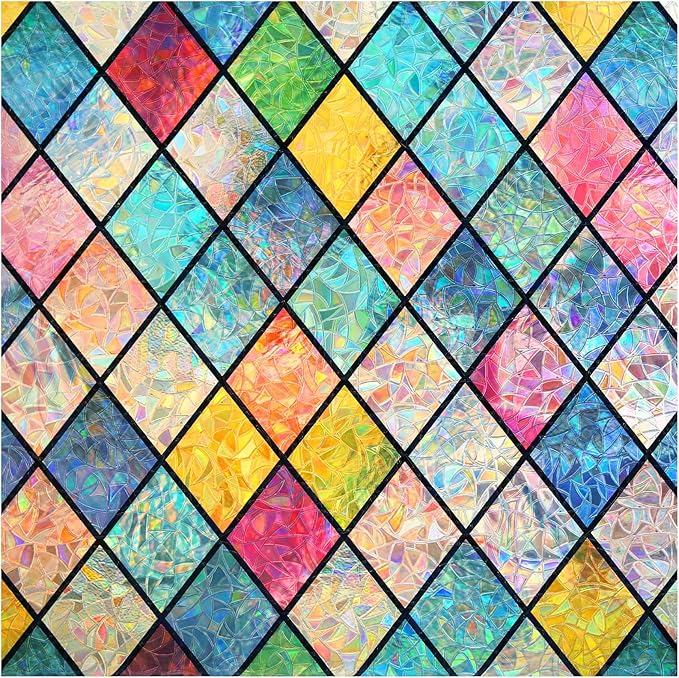 Haton Stained Glass Window Film, Rainbow Window Privacy Film, Decorative Sun Blocking Glass Clings Stickers, Static Cling Colorful Lattice Coverings Decals for Home Door 17.5" x 157.4"