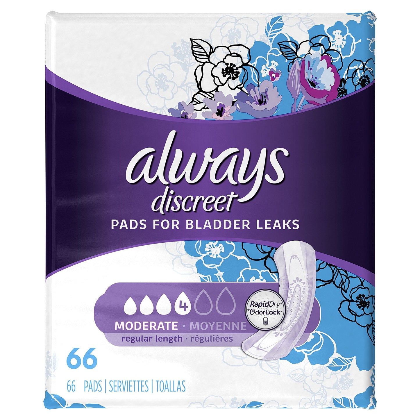 Always Discreet Incontinence Pads for Women, Moderate Absorbency, 66 Count
