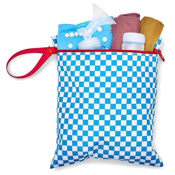 Bodysurf Waterproof Wet Bag for Swimsuit, Travel, Baby Essentials - Reusable Compact Organizer & Lightweight Storage for Dirty Laundry, Cloth Diapers, Gym, Yoga, Beach, Pool - Electric Blue, Checkered