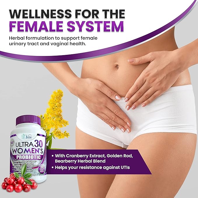 Probiotics For Women With Digestive Enzymes Prebiotics Cranberry & Goldenrod For Vaginal & Gut Health 30 Billion CFU Womens Probiotic Bloating Relief Multi Enzyme Pro PH Balance Vegan Gluten Free 60ct
