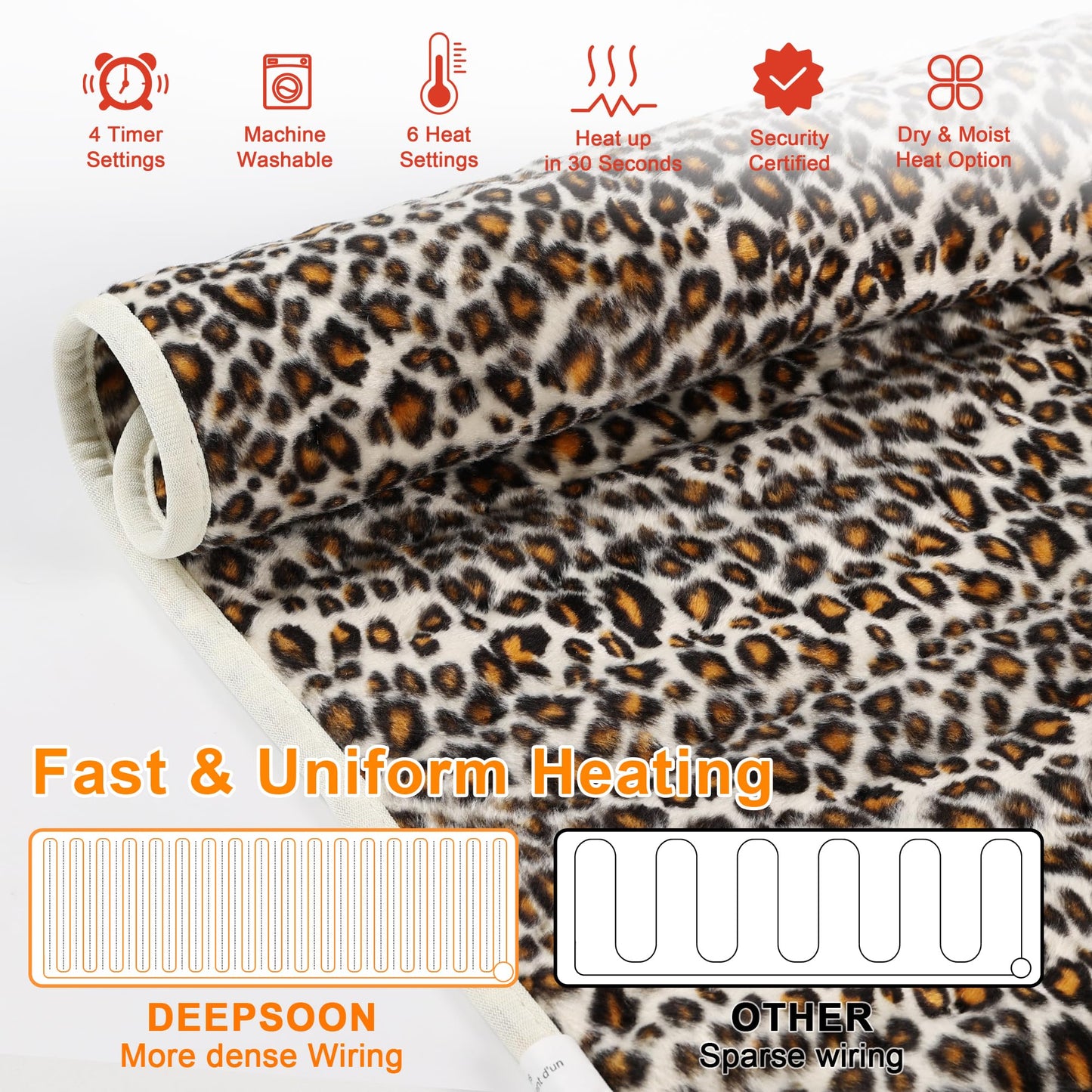 Deepsoon Heating Pad,Electric Heating Pads for Back,Neck,Abdomen,Moist Heating Pad for Shoulder,Knee,Arms,Legs,Dry/Moist Heat & Auto Shut Off,Christmas Gifts for Men and Women,Leopard Print,24x12 Inch