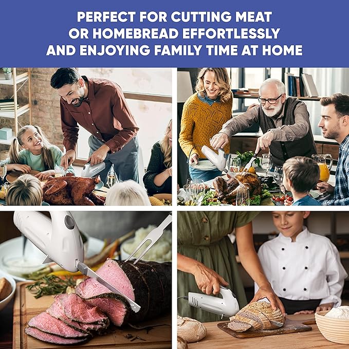 Electric Knife for Turkey, Meat Slicing, Bread, Fillet, Foam & More | Ergonomic Handle + 2 Stainless Steel Carving Blades & Serving Fork Included