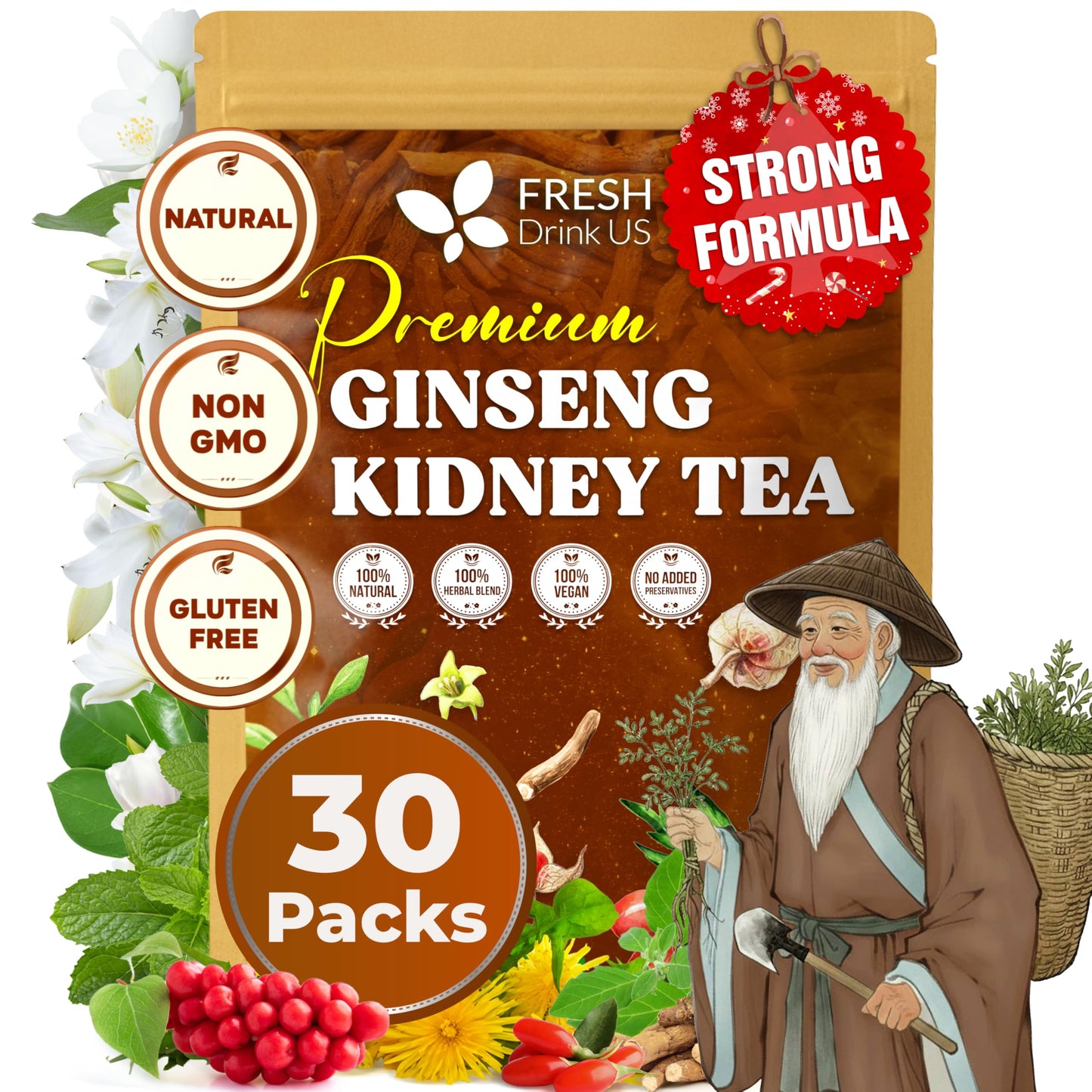 FreshDrinkUS  Ginseng 6 Treasures Kidney Tea  30 Packs Of Super Kidney Cleanse Detox Tea For Men & Women  100% Natural Roots & Berries | Caffeine-Free | Adaptogenic Blend for Energy  Wellness & Vitality Support