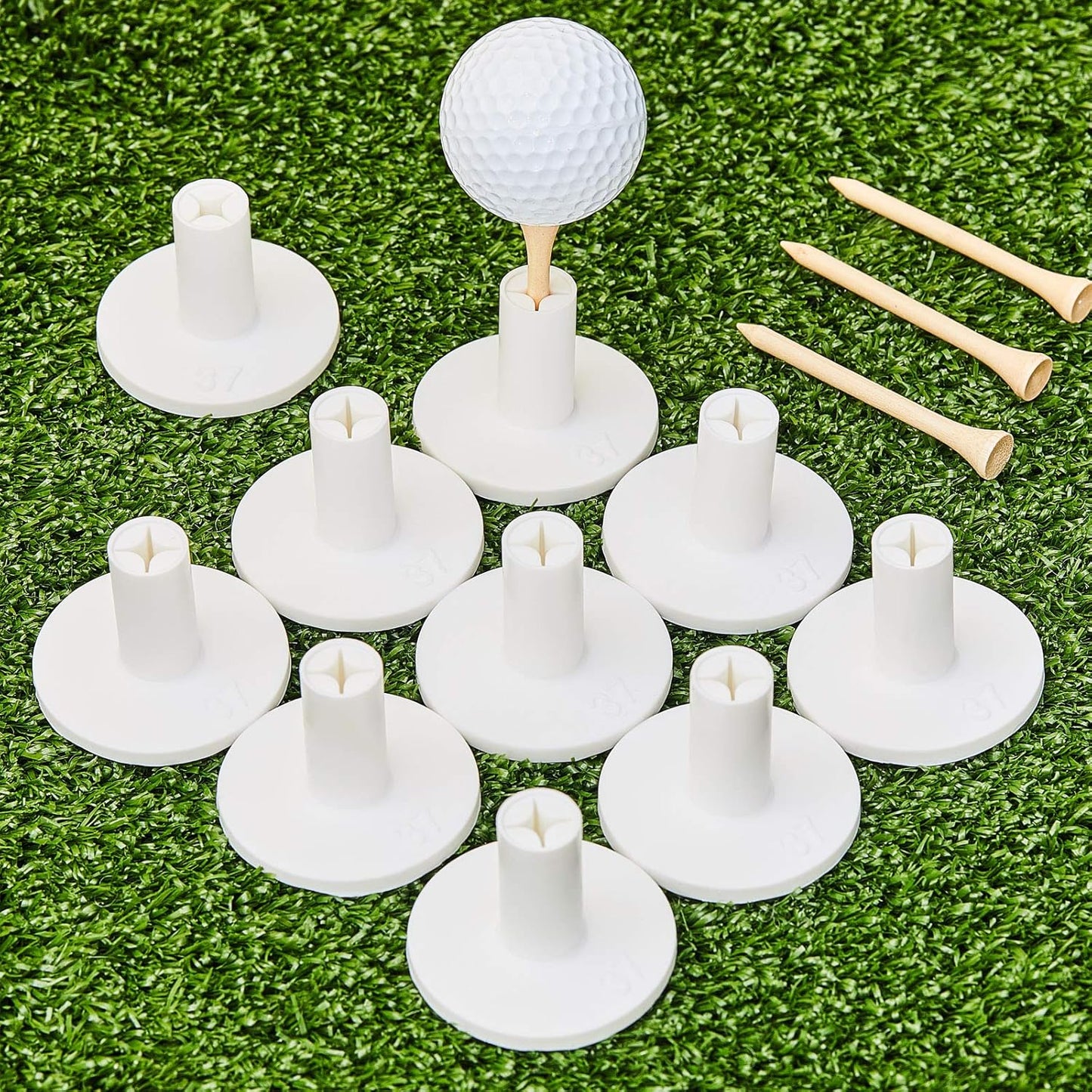 Sumind 10 Set Golf Rubber Tee Holder Set for Driving Range Golf Practice Mat Indoor Outdoor Size 1.5 Inch (10 Rubber Tee Holders, 10 Bamboo Tees)
