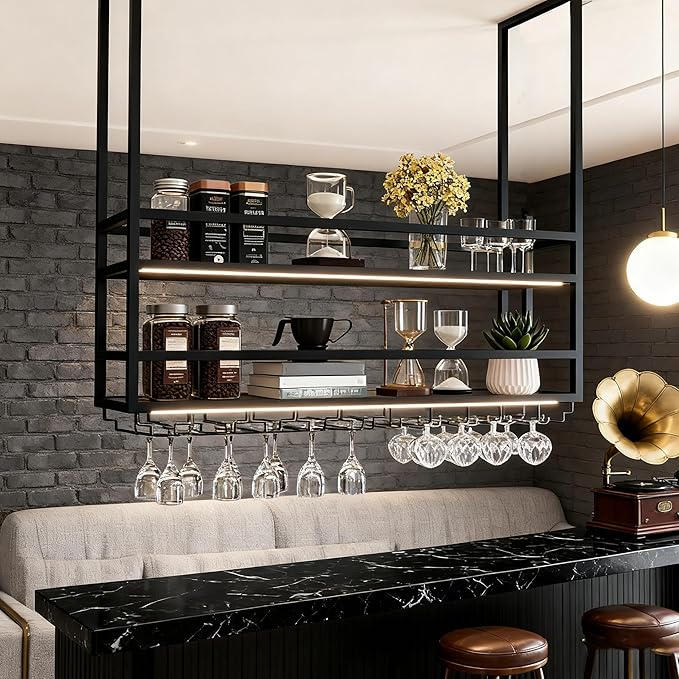 Ceiling Wine Glass Rack, Hanging Wine Display Shelf 2-Tier, Bar Liquor Storage Shelf for Bar Cafe Kitche, Metal Wine Bottle, Goblet Stemware Rack(Black, 55.11x39.37x11.81in)