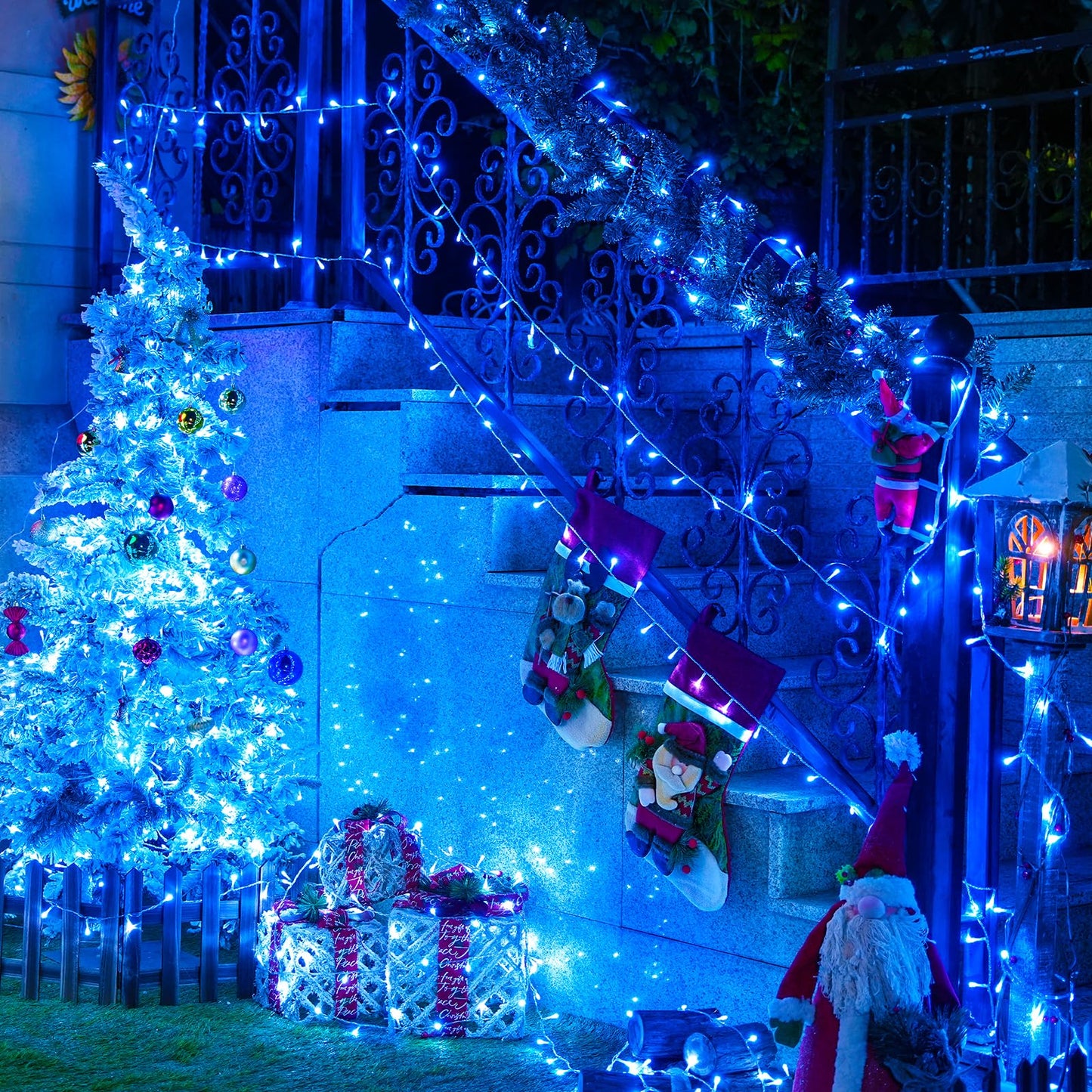 JMEXSUSS 150 LED Blue String Lights, Waterproof, 59 Ft, Connectable, 8 Modes for Indoor Outdoor Holiday Decorations