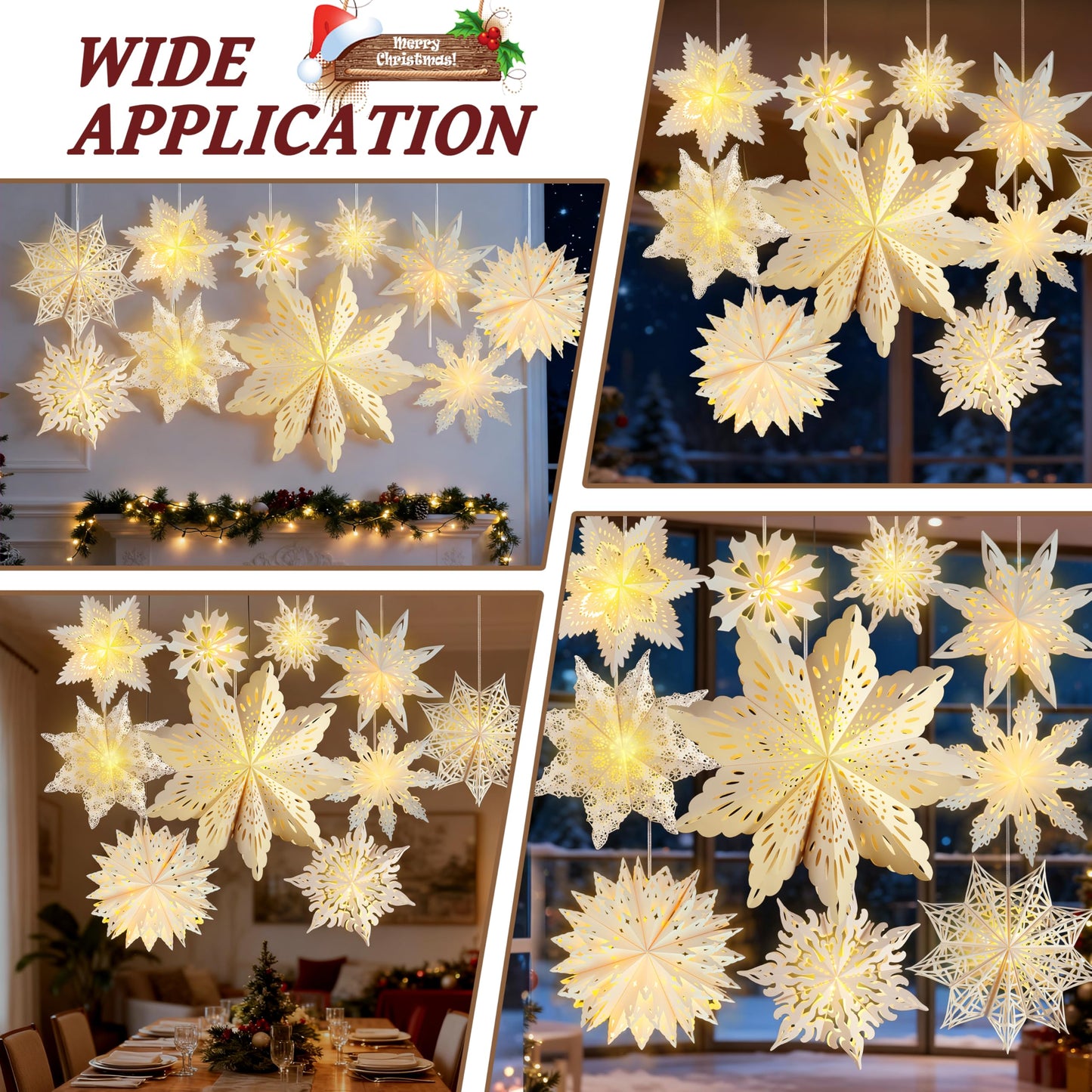 10 Pcs Christmas Paper Snowflake Lanterns  Large Christmas Paper Star Lanterns With Led Lights White Hanging Snowflake Lamp Ornaments For Xmas Winter Frozen Weddings Birthday Holiday Party Decorations
