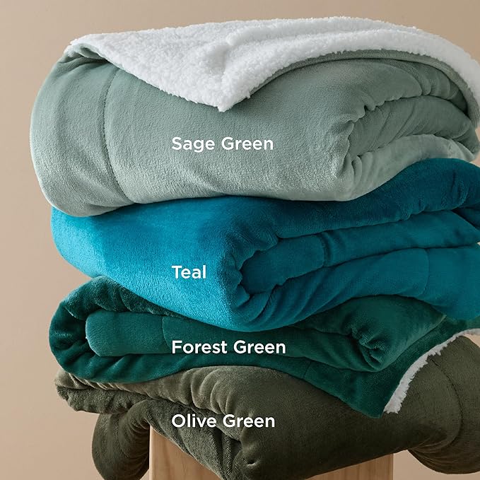 Bedsure GentleSoft Sherpa Fleece Blankets Queen Size for Bed - Thick and Warm, Soft Fuzzy Plush Queen Blanket for Winter, Sage Green, 90x90 Inches