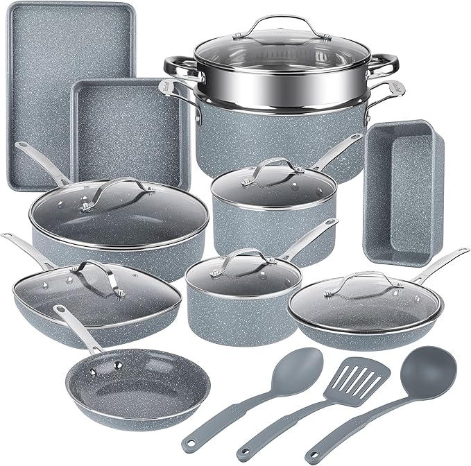Granitestone Ceraluxe 20 Pc Ceramic Cookware Set Nonstick, Complete Pots and Pans Set Non Stick for Kitchen with Bakeware, Utensils & Steamer, Non Toxic Made Without PFOA PFOS, Oven & Dishwasher Safe