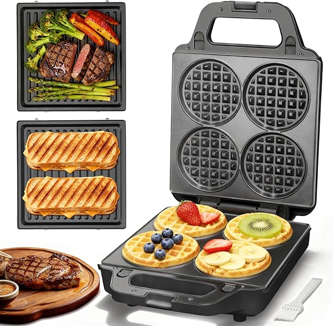 2 in 1 Mini Waffle Maker with Removable Plates, Panini Press Sandwich Maker, Sandwich Press, Waflera Electrica, Sandwichera Electrica, 4 X 4 Inch Classic Waffle Maker for Kids, Graphite