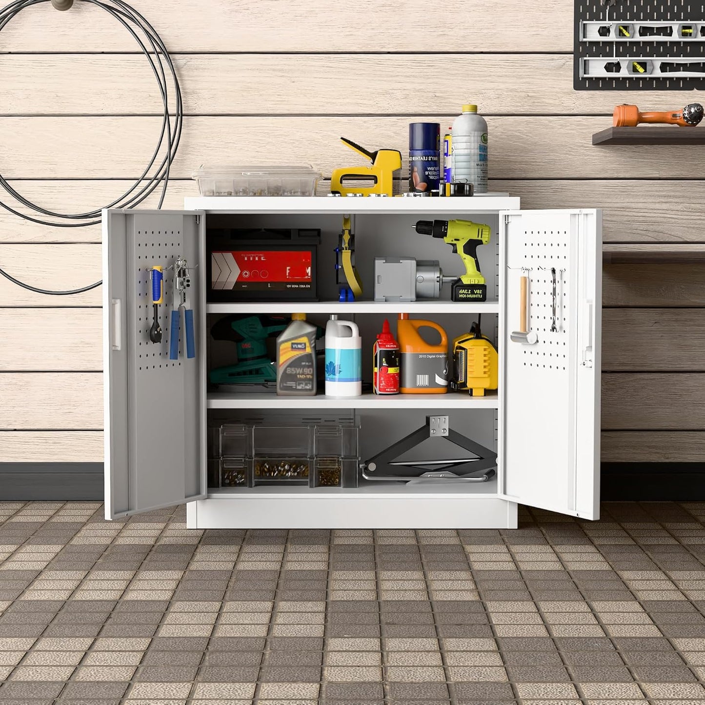 Metal Garage Storage Cabinet with Lock and Pegboard, Steel File Cabinets with 2 Lockable Doors and 2 Adjustable Shelves for Home, School, Office, Garage, Assembly Required, White