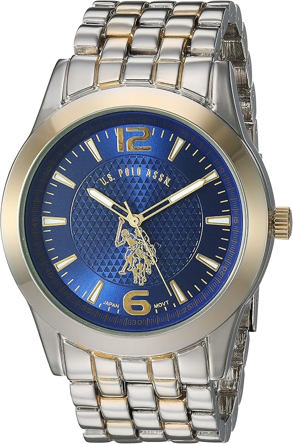 U.S. Polo Assn. Men's Analog Bracelet Watch – Blue Dial with Gold-Tone Bezel and Two-Tone Stainless Steel Band – Sleek, Du...