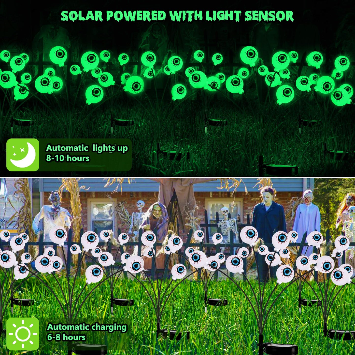 Brizlabs 8 Pack 48 Led Halloween Solar Lights  2 Modes Outdoor Halloween Eyeball Pathway Lights  Solar Spooky Light Waterproof  Green Swaying Firefly Lighting For Path Yard Garden Lawn