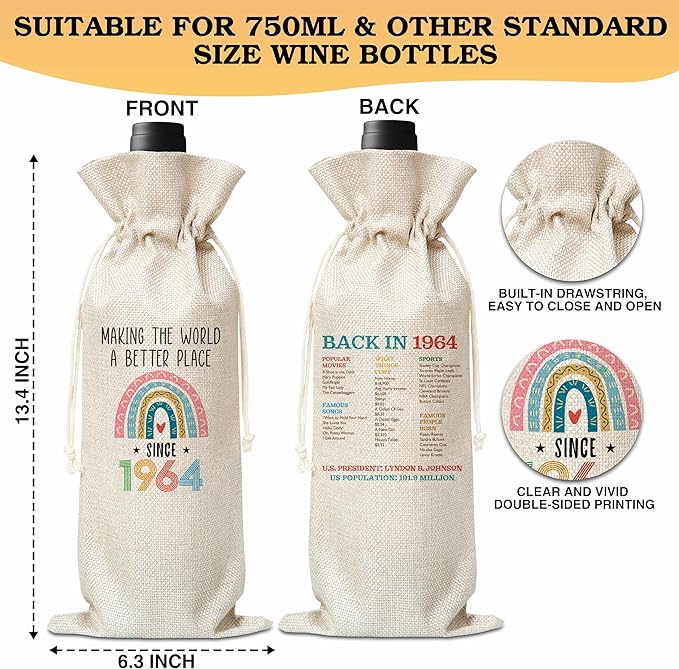 60th Birthday Gift For Women Men, Back In 1964 Birthday Wine Bag, Boho Rainbow Birthday Party Decoration Wine Bag Gifts, Happy 60th Birthday Decor For Mom Dad Grandma Grandpa, A05