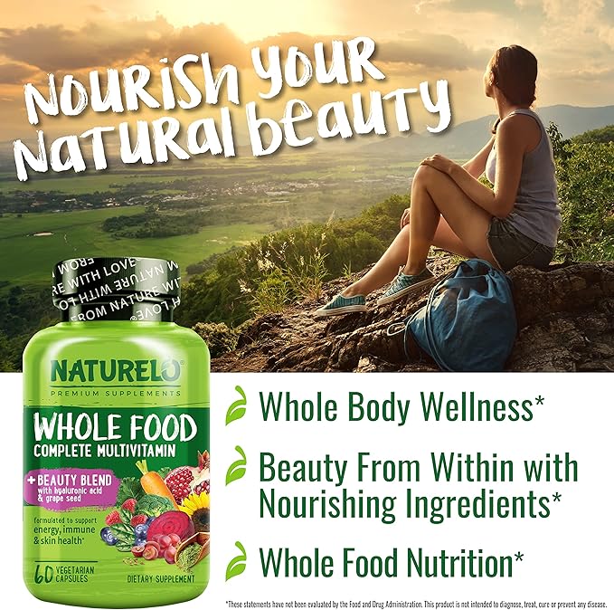NATURELO Whole Food Beauty Multivitamin, 60 Count Collagen Peptide Powder, 45 Servings