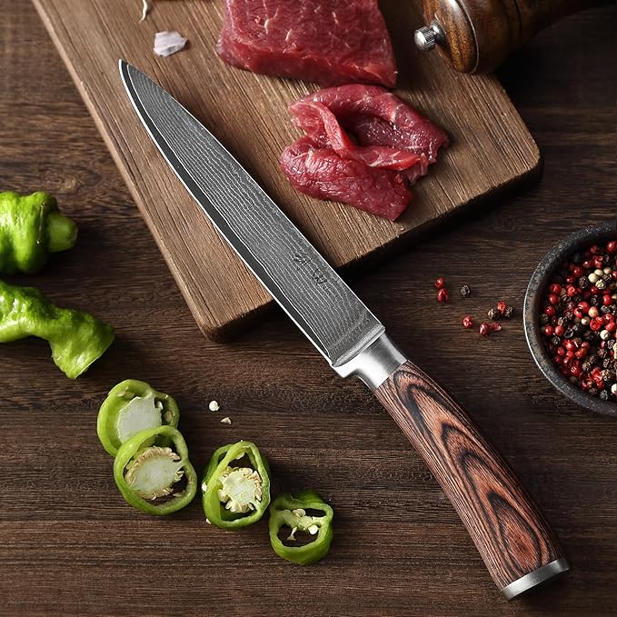 Wakoli EDIB Damascus Meat Knife – 7-Inch Japanese Style Kitchen Knife for Meat, BBQ & Roasts | Genuine 67-Layer Damascus Steel Blade with VG10 Core | Ergonomic Pakkawood Handle | Premium Knife