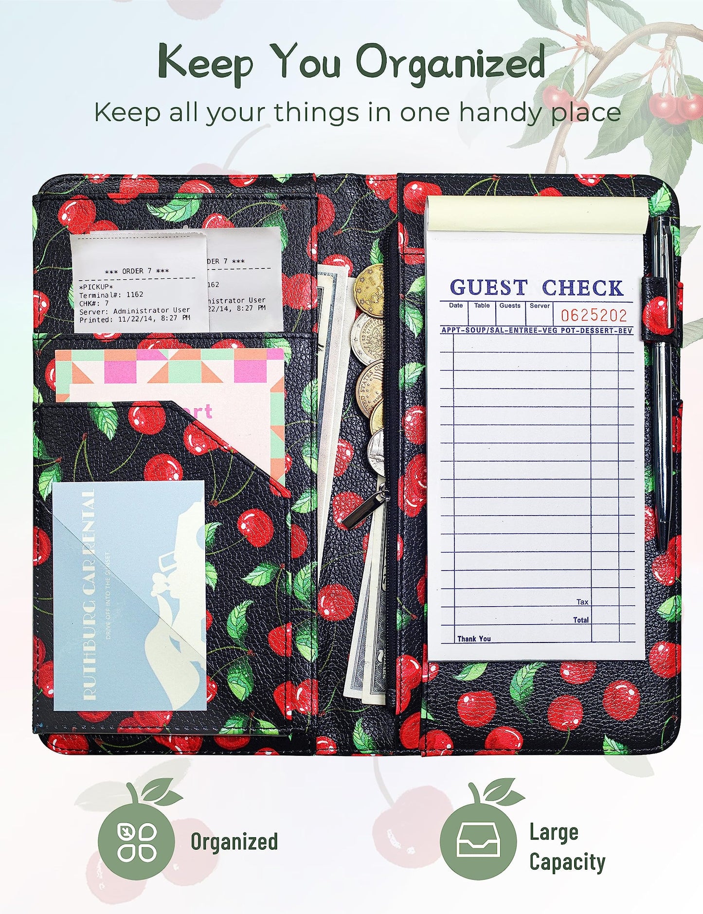 Mymazn 4.7 X 9 Cherry Server Book with Zipper Pocket Bling Waitress Book with Money Pocket and Magnetic Closure, Restaurant Waitstaff Organizer Fit Server Apron with High Volume Pocket