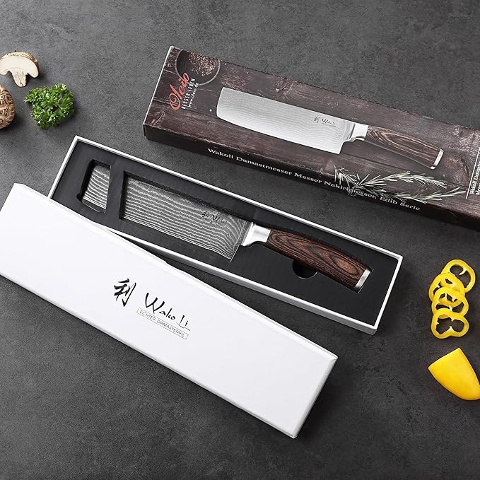 Wakoli EDIB Damascus Nakiri Knife – 6.9" Vegetable Knife with VG10 Core, Professional Kitchen Cutting Tool made of 67-Layer Damascus Steel & Ergonomic Pakkawood Handle