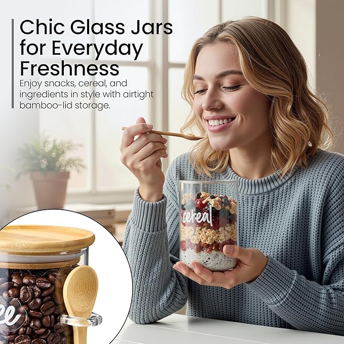 Talented Kitchen Glass Food Storage Containers with Lids - 4-Pack 17 oz Glass - Stackable Kitchen Jars for Pantry, Spice Jars & Coffee Containers for Countertop - Attached Spoons & 157 Labels