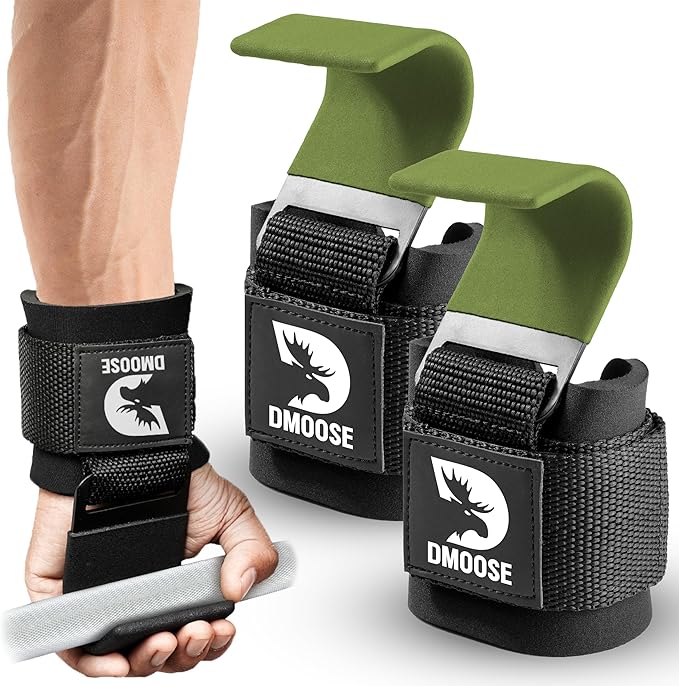 DMoose Fitness Weight Lifting Hooks (Pair) for Deadlifts, Pull Ups, Rows & Shrugs - Anti-Rip Nylon Strap Hand Grips with T...