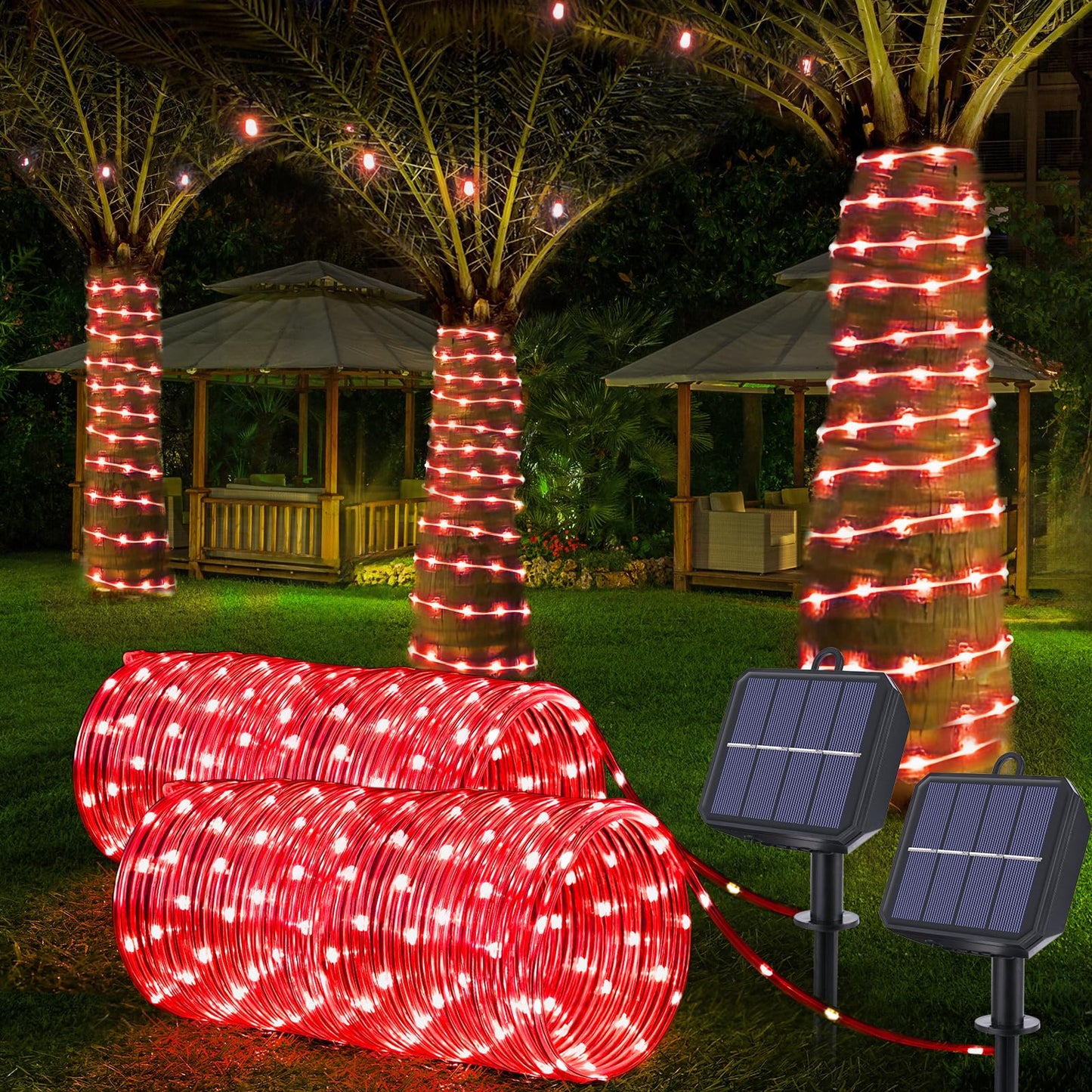 Jnaurb Solar Rope Lights, 132ft 400LED Waterproof Outdoor String Lights, Red, 8 Modes, Flexible Tube for Garden Patio Xmas Decor