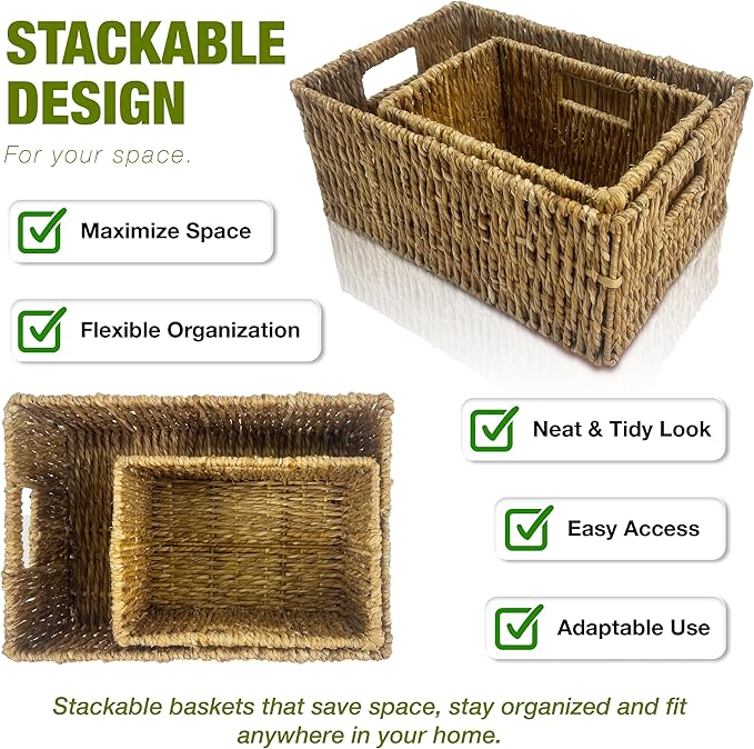 Wicker Basket Set – Stackable Storage Bins for Organizing Pantry & Kitchen – 1 Medium Basket + 1 Small Baskets with Handle – Wicker Storage Baskets for Shelves & More