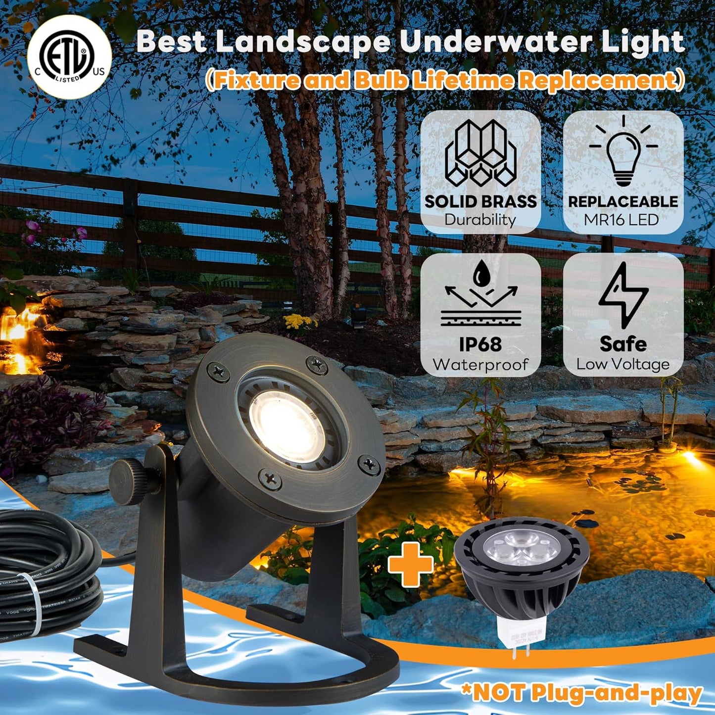 Bronze Pond Light - 12V Low Voltage Solid Brass Submersible Pondlight, IP68 Waterproof Fixture with 3000K MR16 LED Bulb for Outdoor Garden, Landscape, Waterfall, Fountain Lighting(8 Pack)