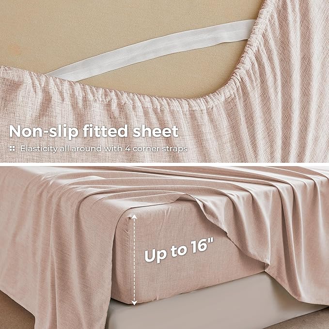 Full Sheets Light Pink, Ultral Soft Cationic Linen Look Sheets, Luxury Cooling Cozy Bed Sheet Set with Non-Slip Fitted Sheet