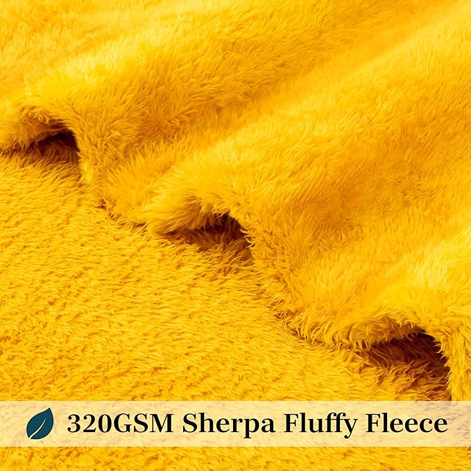 PAVILIA Sherpa Throw Blanket for Couch Sofa, Mustard Yellow Fluffy Warm Plush Blanket for Bed, Cozy Super Soft Lightweight Throw, Fuzzy Decorative Blanket, All Season Home, 50x60