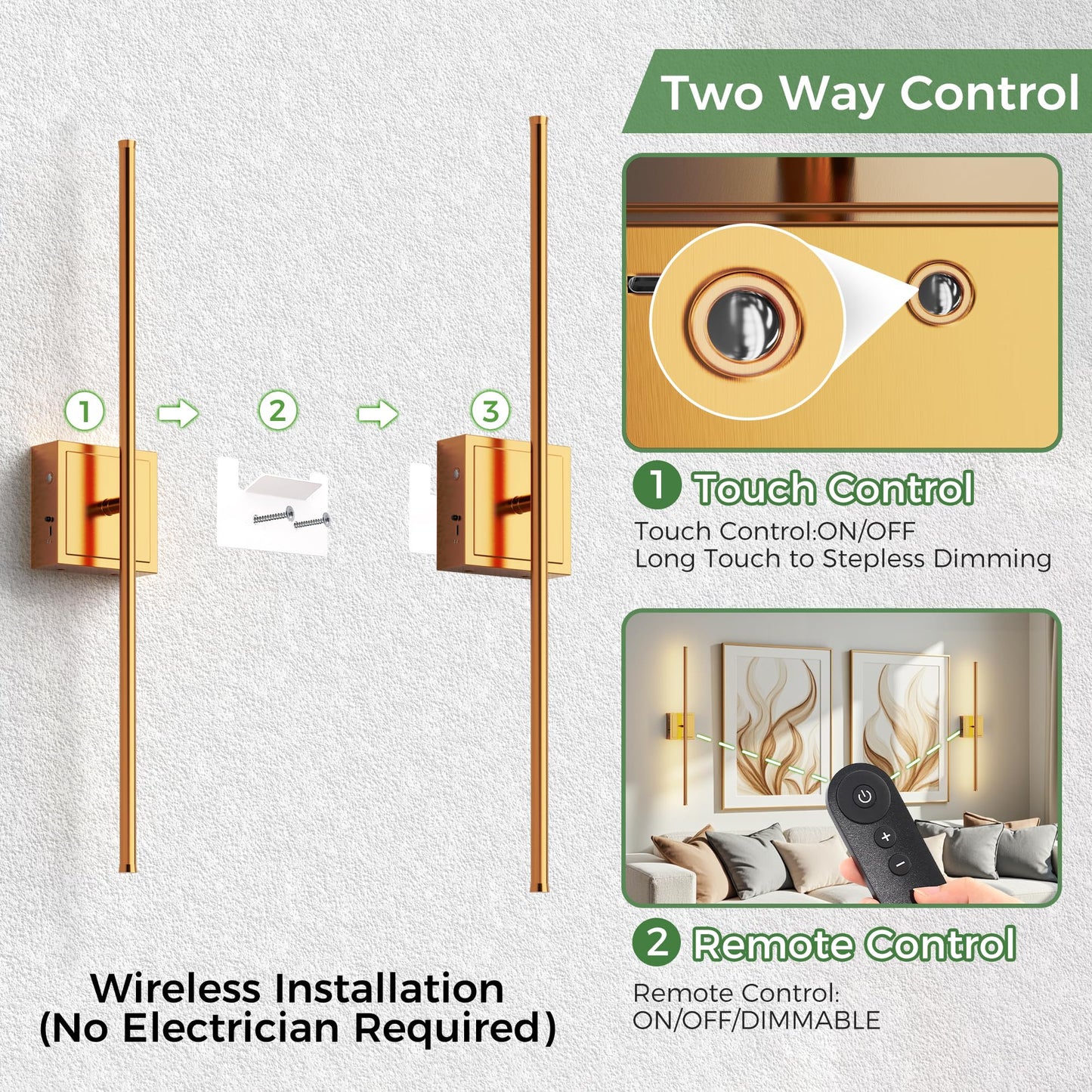 DORESshop Battery Operated Wall Sconces Set of 2, Dimmable, Brass, 28.1 Inch, Rechargeable, Wireless Lights for Bedroom, Living Room