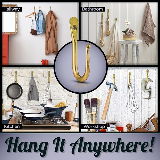 Wall Mounted Hook - Wrought Iron Decorative Blacksmith Handmade Simple Hook For Bathroom and Kitchen, Sturdy Hooks For Hanging Robes, Towels, Coats, cloths, Bags, Keys and Jewelries - Pack of 3 (Gold)
