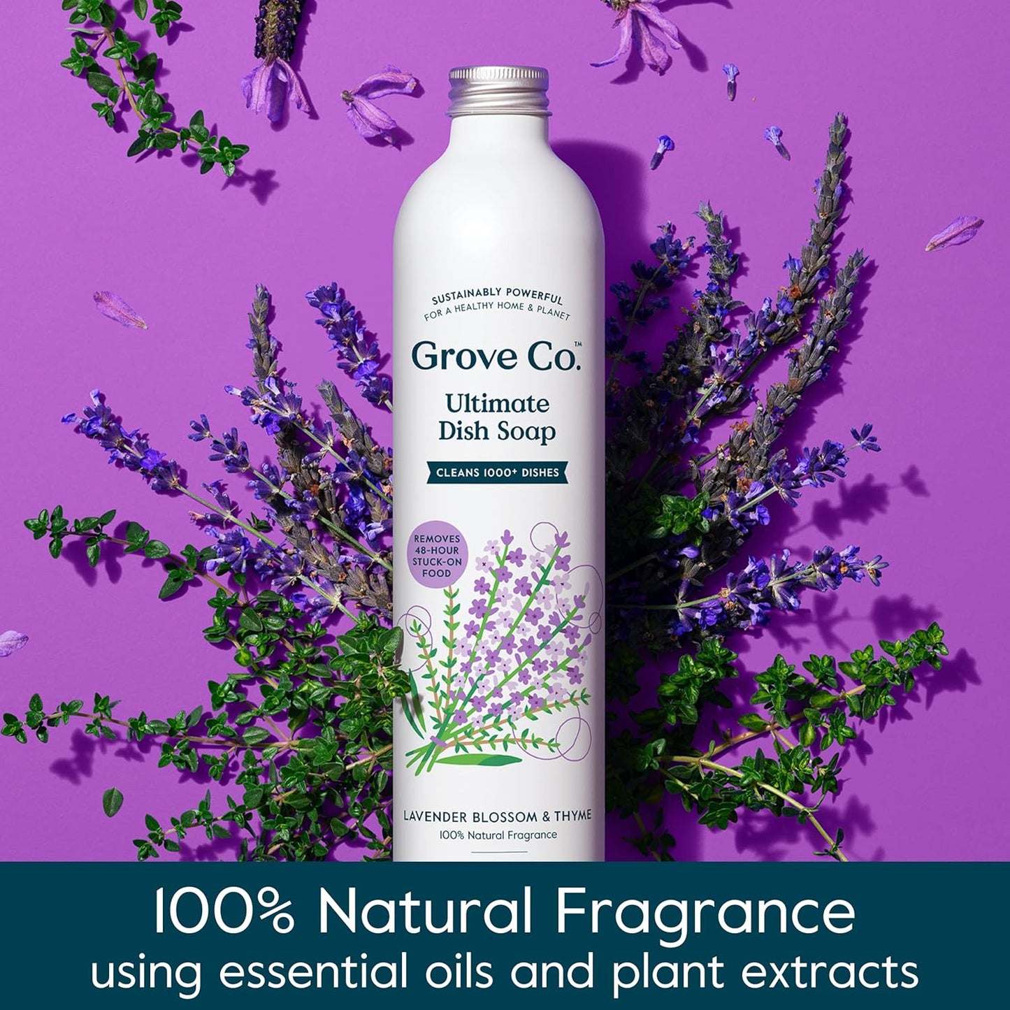 Grove Co. Ultimate Dish Soap Refills (3 x 16 Fl Oz) + Refillable Glass Dish Soap Dispenser for Kitchen Sink with Non-Slip Silicone Sleeve, Plastic Free Cleaning Products, Lavender Blossom & Thyme
