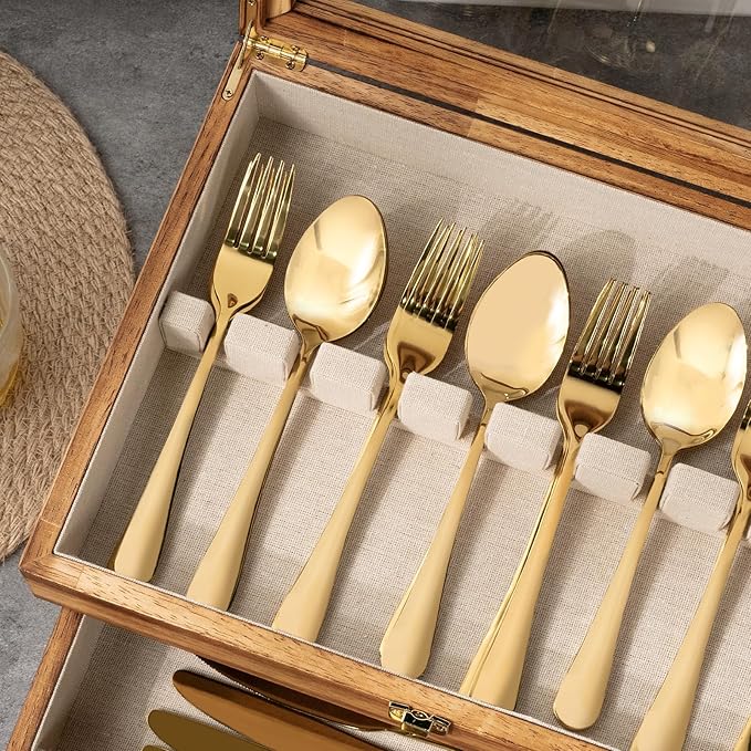 Silverware Box, 2-Layer Wooden Silverware Storage Box with Glass Lid, 14.5×10.6 Inches Vintage Style Decor Flatware Storage Case for Fine Flatware & Utensils, Gift Idea (Torched Wood)