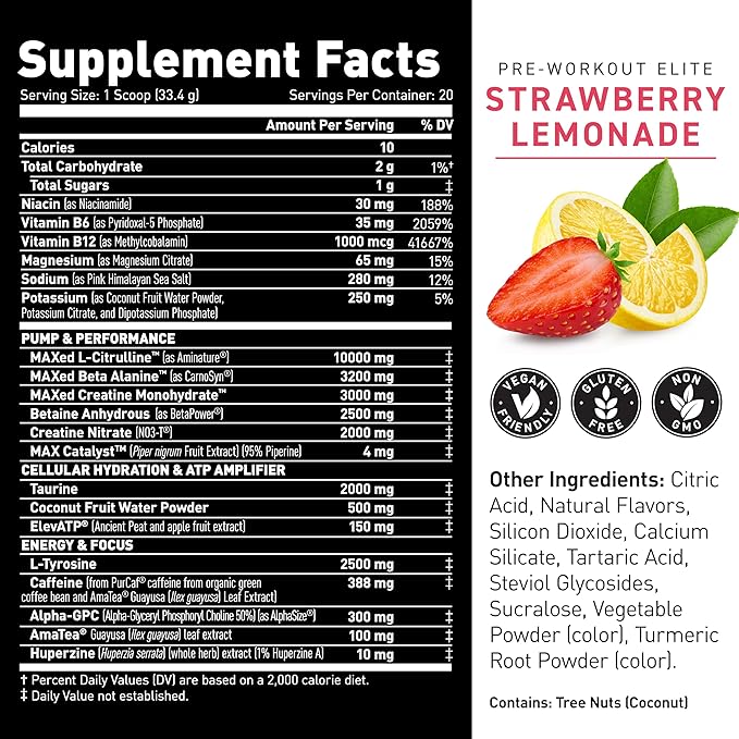 Kaged High Stimulant Pre Workout Powder | Strawberry Lemonade | Pre-Kaged Elite | L-Citrulline | Creatine | Beta Alanine | 388mg Caffeine | Nitric Oxide Booster | 20 Servings